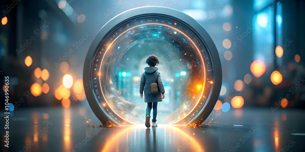Poster soft focus image person entering glowing portal bokeh background symbolizing science fiction day jou