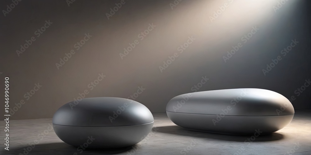 Poster two gray stone objects sit on a gray surface