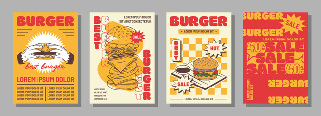 Vintage Burger Poster Collection with Classic Artwork, and Eye-Catching Colors celebrating mouthwatering burgers in retro style. © FerouFYN