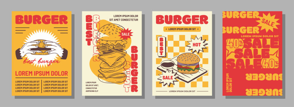 Vintage Burger Poster Collection with Classic Artwork, and Eye-Catching Colors celebrating mouthwatering burgers in retro style.
