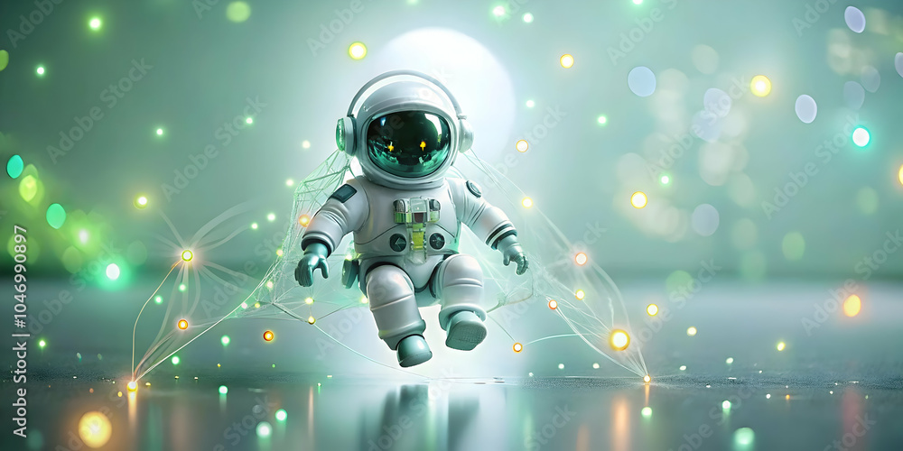Poster soft focus astronaut floating in space with digital network connections bokeh stars and copy space �