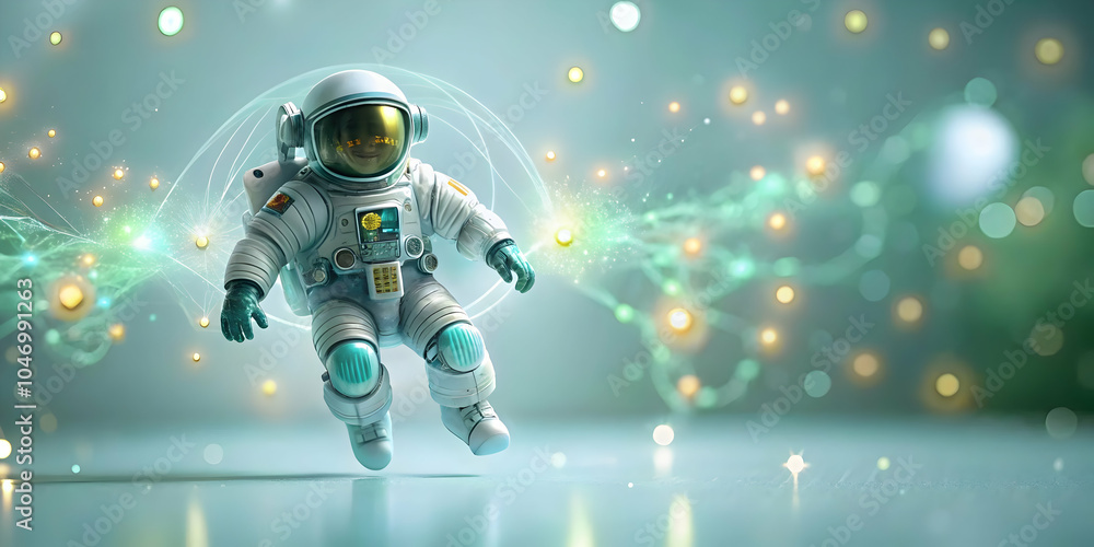 Poster soft focus astronaut floating in space with digital network connections and bokeh stars � ideal for 