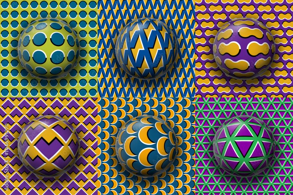 Poster vector set of colorful patterned spheres and surfaces with moving optical illusion. good for interio