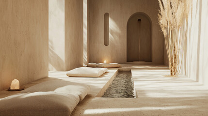 A modern meditation space with soft calming colors 