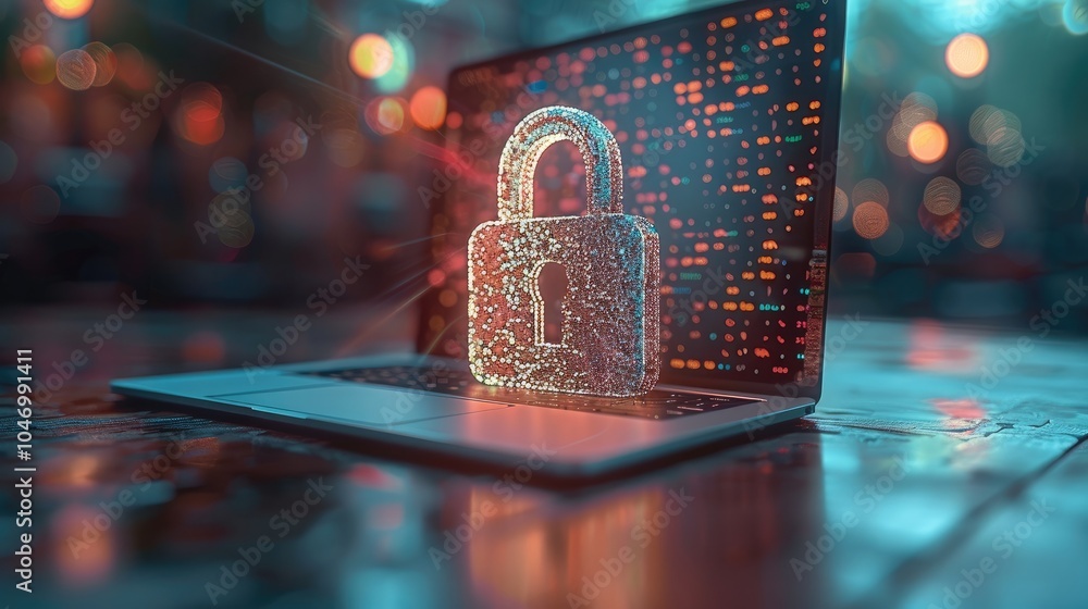 Poster Cyber security concept of a digital padlock in front of a laptop computer, digital security.