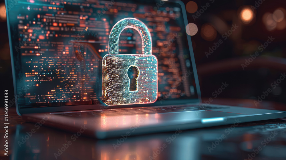 Poster Cyber security concept of a digital padlock in front of a laptop computer, digital security.