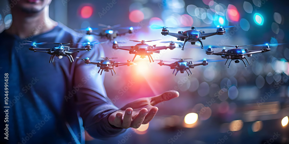 Poster soft abstract image person controlling drone swarm hand gestures bokeh background copy space futuris