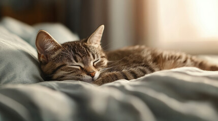 Sleeping cat on soft bedding, radiating warmth and comfort