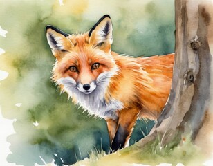 Vibrant watercolor painting of a fox peeking from behind a tree, nature animal art concept