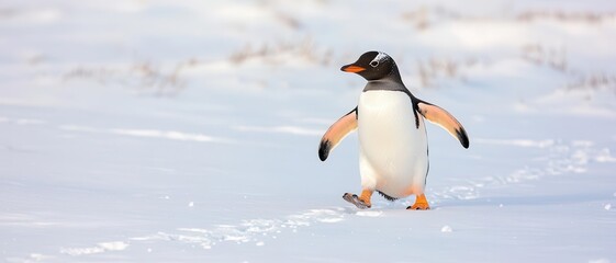 Obraz premium A lone penguin waddles through a snowy landscape, showcasing its distinctive black and white plumage against the white backdrop.