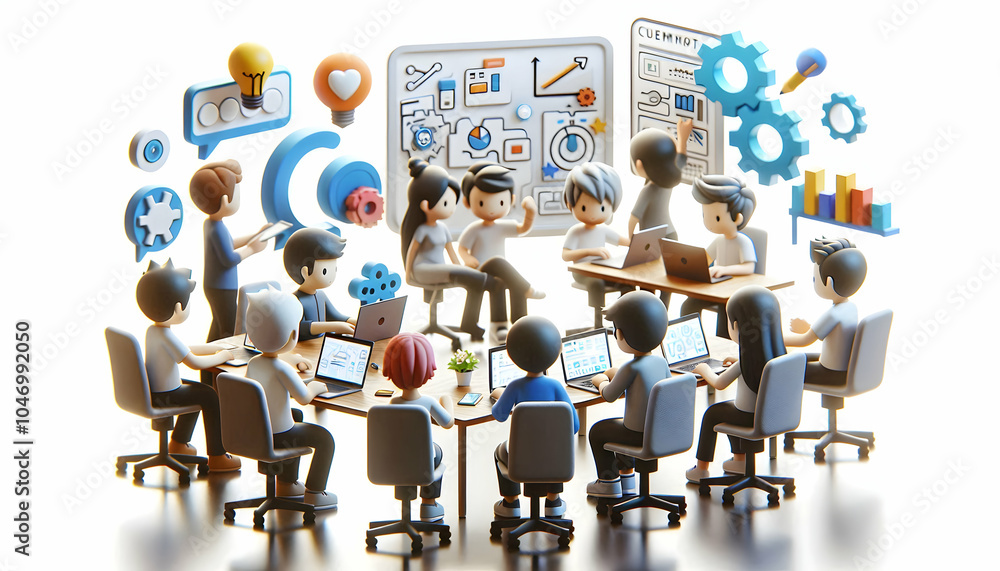 Aufkleber 3d developers brainstorming open workspace animated collaboration modern office natural lighting mot