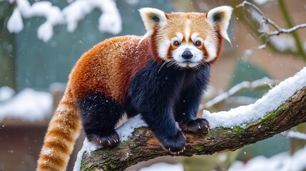A red panda perches on a snowy branch, showcasing its distinctive reddish-brown fur and playful expression amidst winter scenery.