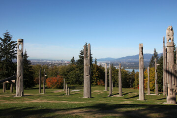 Totem poles on Burnaby Mountain, Vancouver, BC Canada