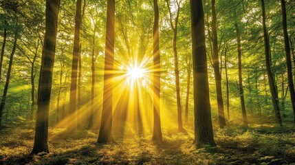 Obraz premium Sun rays shine through the trees in a lush green forest.