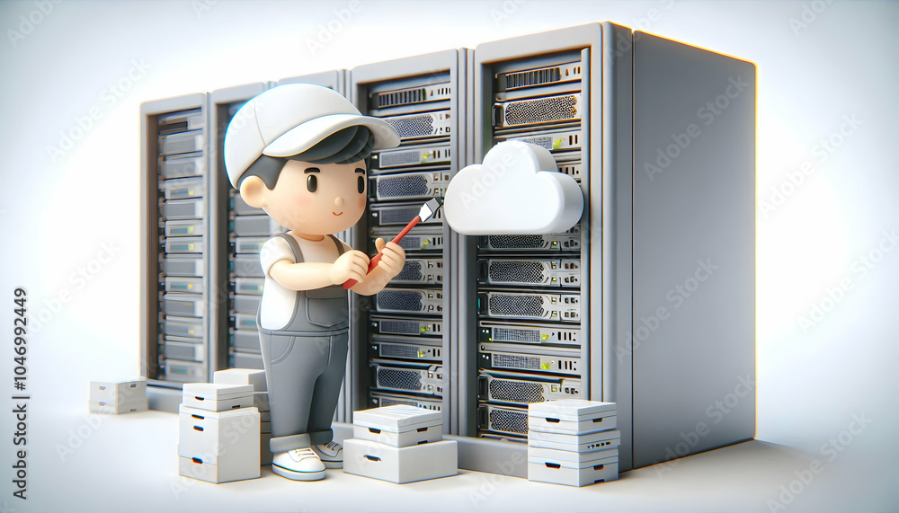 Aufkleber 3d cloud engineer configuring server racks environmental portrait, candid capture in data center wit