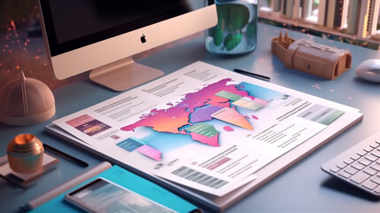 Fototapeta premium Stock market graph and top view computer on the table background. Multi exposure. futuristic smart city with 5g global n Multi exposure. Concept of international markets. 