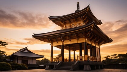 Obraz premium Golden pavilion at sunset in a traditional Japanese garden setting with serene atmosphere