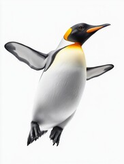 Fototapeta premium Penguin Jumping with Arms Spread Against White Background