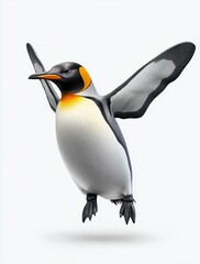 Fototapeta premium Penguin Jumping with Arms Spread Against White Background
