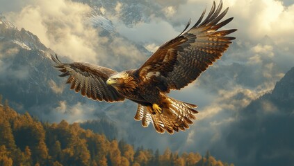 Obraz premium Golden Eagle Soaring Above Mountain Peaks, A Symbol of Freedom and Power