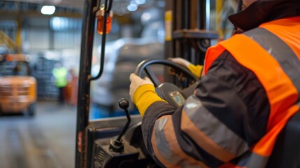 A worker in a high visibility vest operates a forklift adhering to proper safety protocols and avoiding potential hazards.