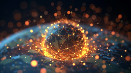 Obraz premium A stylized image of the world at night with glowing cities and connecting lines representing global communication and interconnectedness. A digital representation of a global connection network 