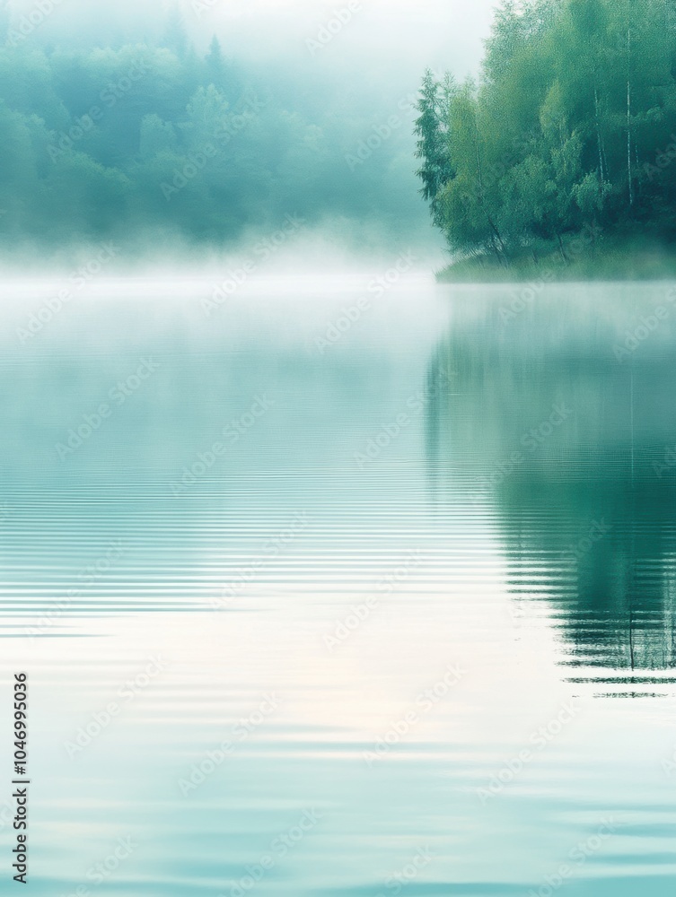 Poster soft mist hovers over the serene lake as trees frame the peaceful water, creating a calm and invitin