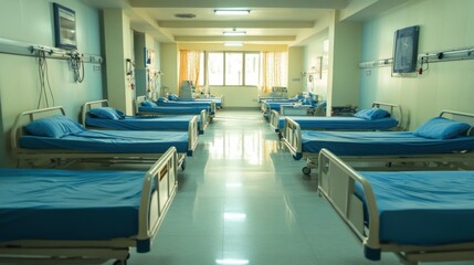 Patient ward with multiple beds arranged neatly, with medical devices and a clean, bright environment, ideal for a hospital-themed stock image