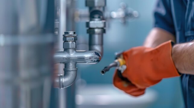 Plumber in orange gloves working on industrial metal pipes with blowtorch