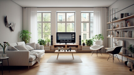 Fototapeta premium Nice Interior design, Modern and comfortable living room. Warm lighting that creates a cozy atmosphere Contemporary living room design featuring modern furniture, warm lighting, and large win