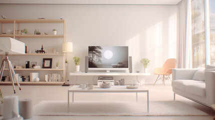 Fototapeta premium Nice Interior design, Modern and comfortable living room. Warm lighting that creates a cozy atmosphere Contemporary living room design featuring modern furniture, warm lighting, and large win