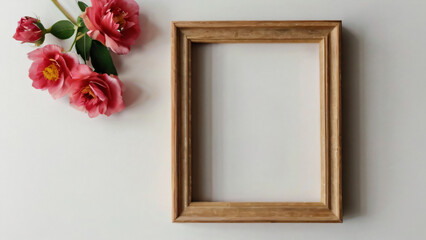 Flowers and green plants decorate the blank wooden frame beautifully.