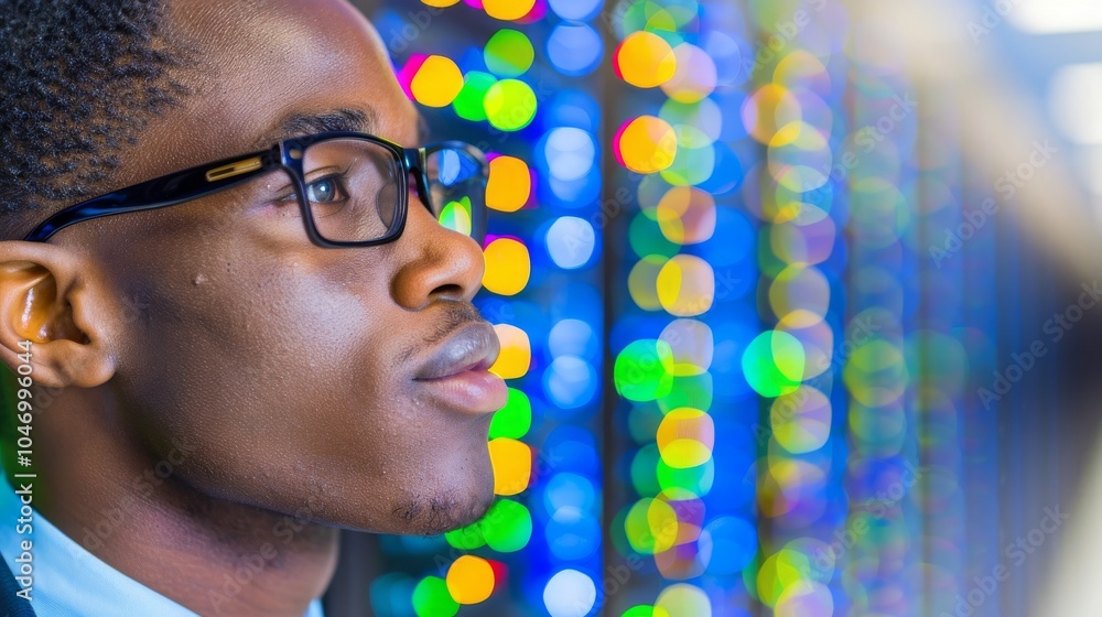Poster profile of a focused man with glasses in front of colorful data center lights.