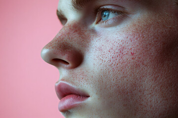 Closeup man face with red pimples, inflammation on face and problem skin. Acne, rosacea and couperose therapy. Facial treatment skincare routine and hygiene Cosmetic and beauty banner with copy space