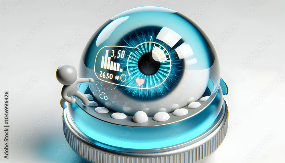 Poster 3d macro smart contact lens stats concept close up projecting fitness statistics eye camera lens det
