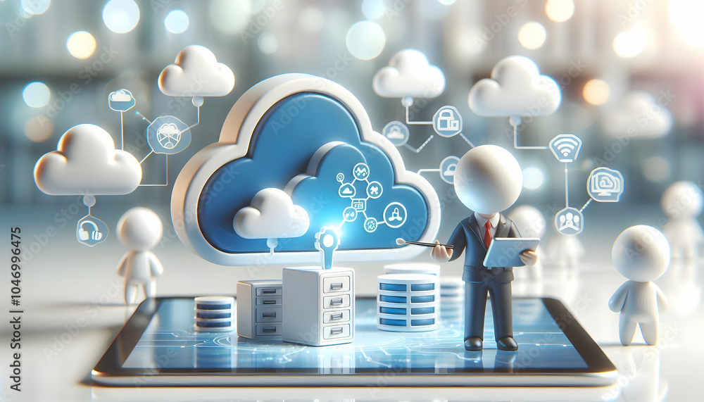Poster 3d competence cloud innovation tech professional configuring cloud infrastructure tablet soft abstra