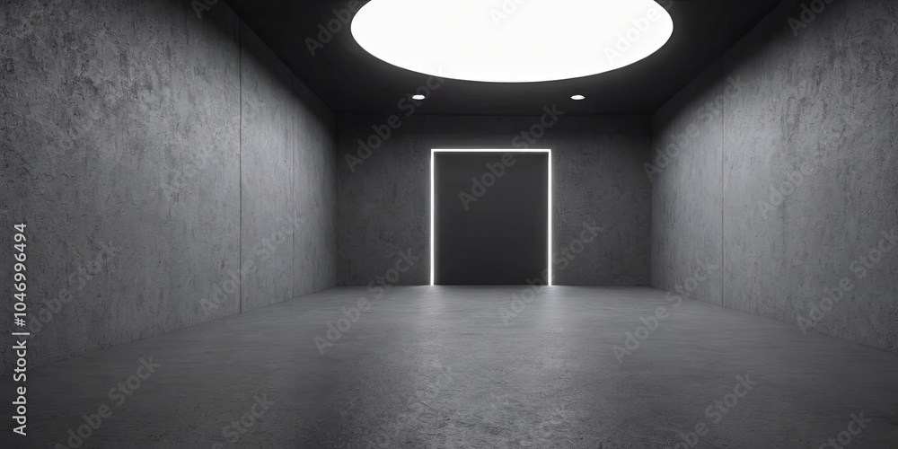 Poster a large, empty room with a door in the middle