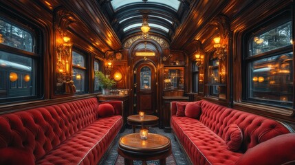 An old train with a luxurious and vintage carriage interior design