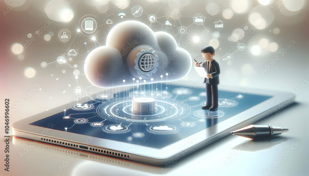 Poster 3d competence cloud innovation tech professional configuring cloud infrastructure tablet soft abstra
