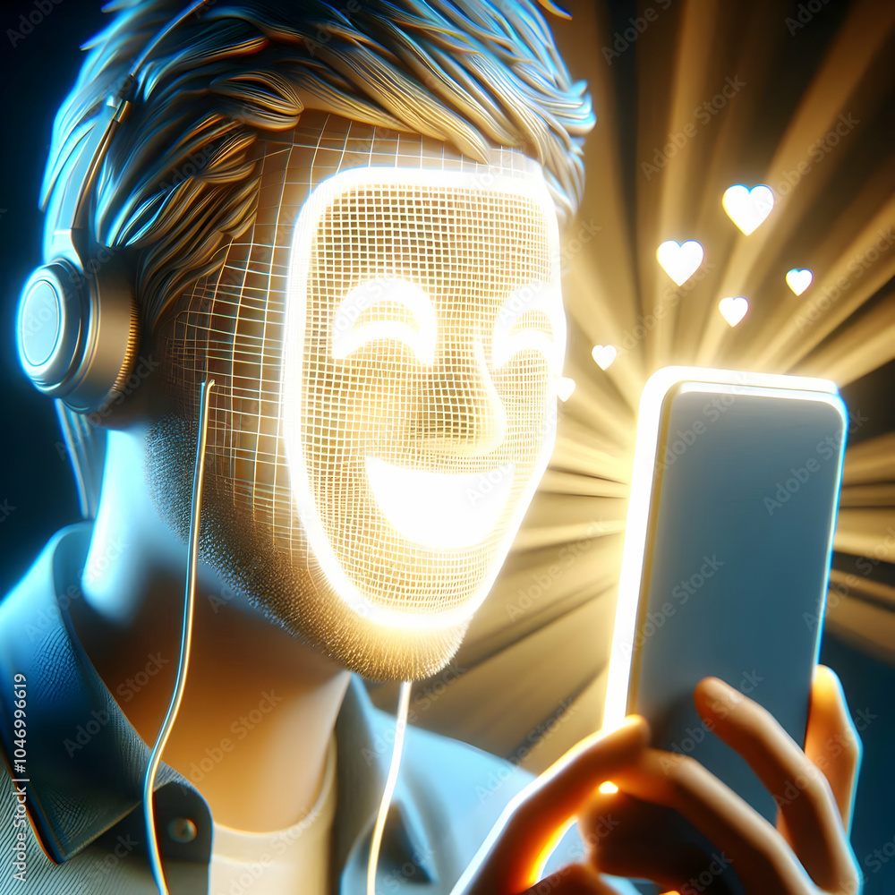 Poster 3d close-up face illuminated by futuristic device glow macro shot highlighting joy of technological 