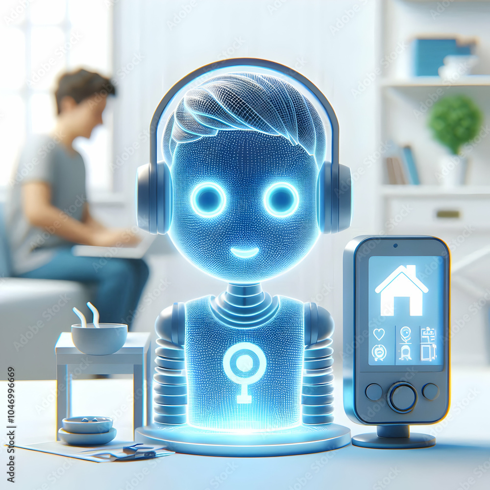 Poster 3d macro shot virtual assistant hologram home environment futuristic ai integration close up symboli