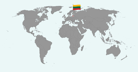 Pin map with Lithuania flag on world map. Vector illustration.