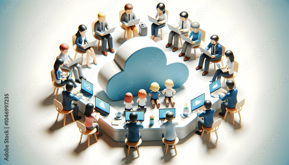 Poster 3d team collaboration cloud technology candid capture diverse team cloud-based applications laptops 