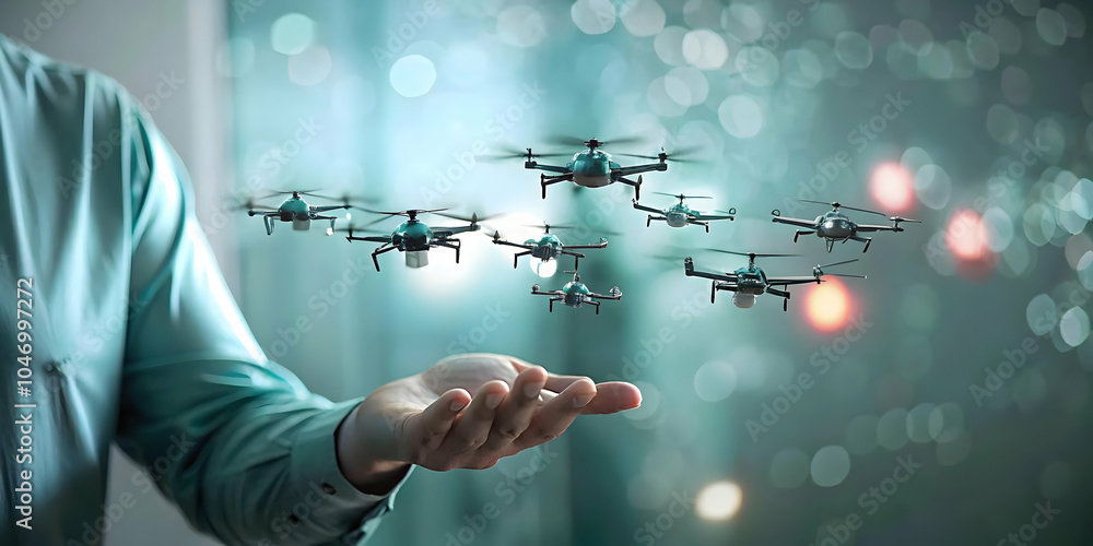 Poster soft abstract image person controlling drone swarm hand gestures bokeh background futuristic technol