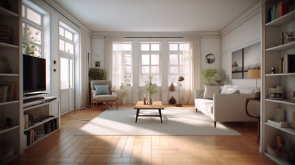 Obraz premium Living room architecture furniture building. Zen Simplicity: Neutral white and gray with clean lines and natural materials promote a sense of calm and tranquility. Photo interior modern design