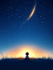 Fototapeta premium A child gazes at a starry sky, captivated by a shooting star and the glow of dawn, evoking wonder and hope.