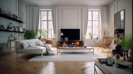 Transformed living space with stylish decor  Modern home office in the living room, Convenient, comfortable, nice place to work, Remote work from home, Minimal interior decor design background.
