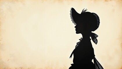 Silhouette of woman in vintage bonnet on aged parchment background
