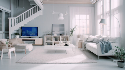 Photo interior modern design room 3d illustration  Poster frame mock up in modern home living room interior with white sofa and coffee table with decor, 3d render

