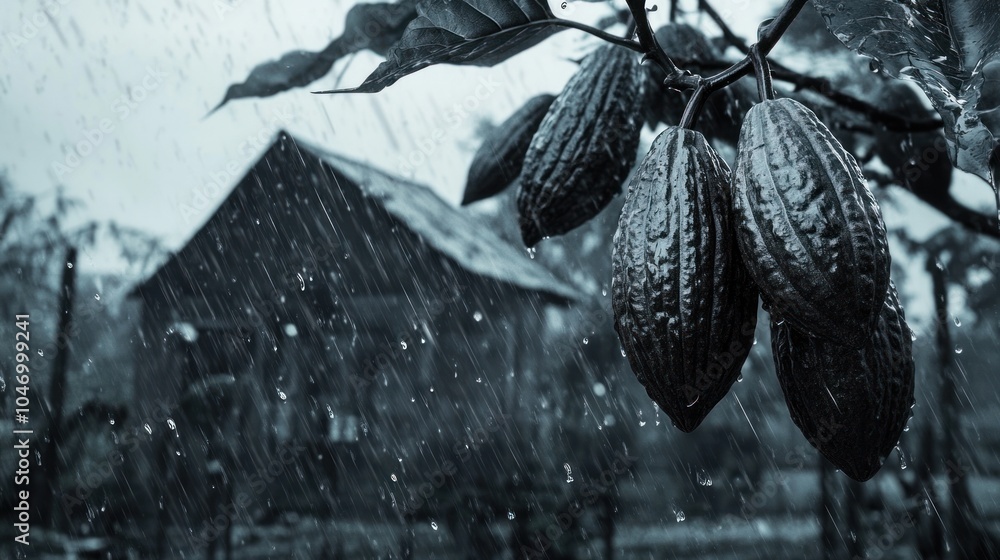 Poster cocoa pods on a branch with rain falling in the background.